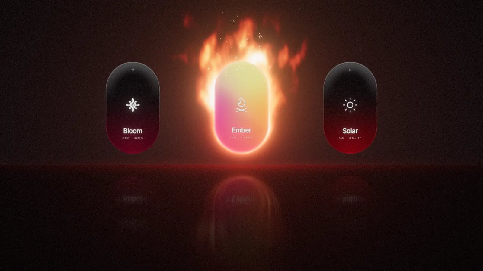 Vier pillenförmige Glaskarten namens Ember, Solar, Breeze und Bloom auf einem spiegelnden dunklen Boden; die Ember-Karte in der Mitte brennt.